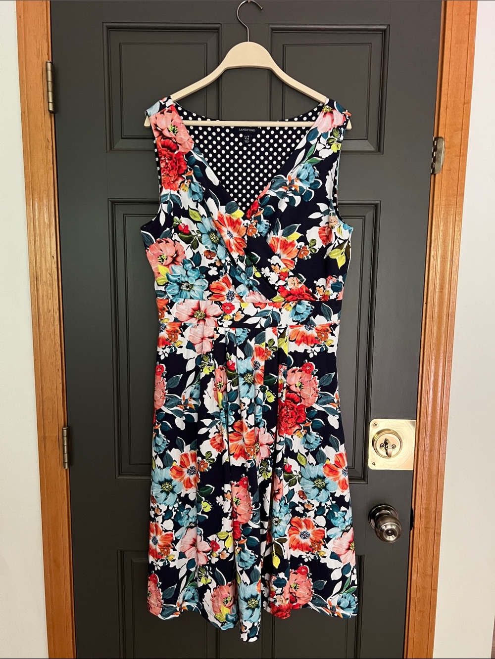 Lands End Floral Faux Wrap Sleeveless Dress Large Tall 14-16 Midi Polka Dot Navy